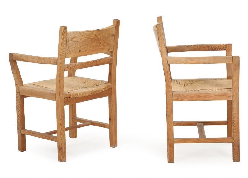Artwork by Tage Poulsen, A set of four solid pine armchairs, suspended in seats with papercord, Made of pine