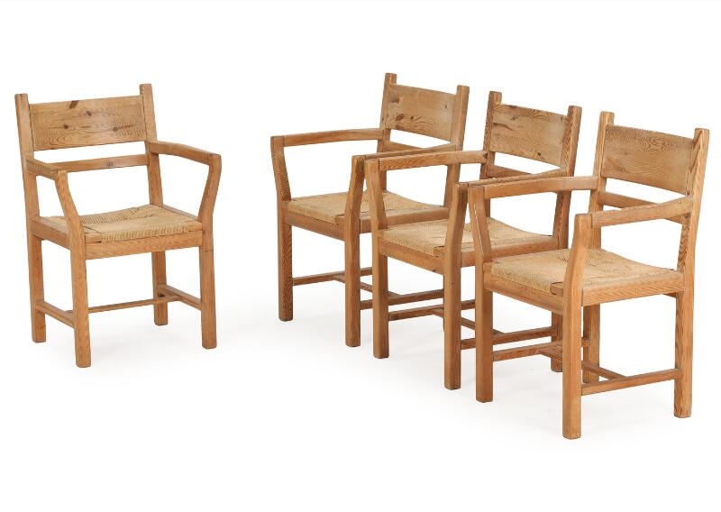 Artwork by Tage Poulsen, A set of four solid pine armchairs, suspended in seats with papercord, Made of pine