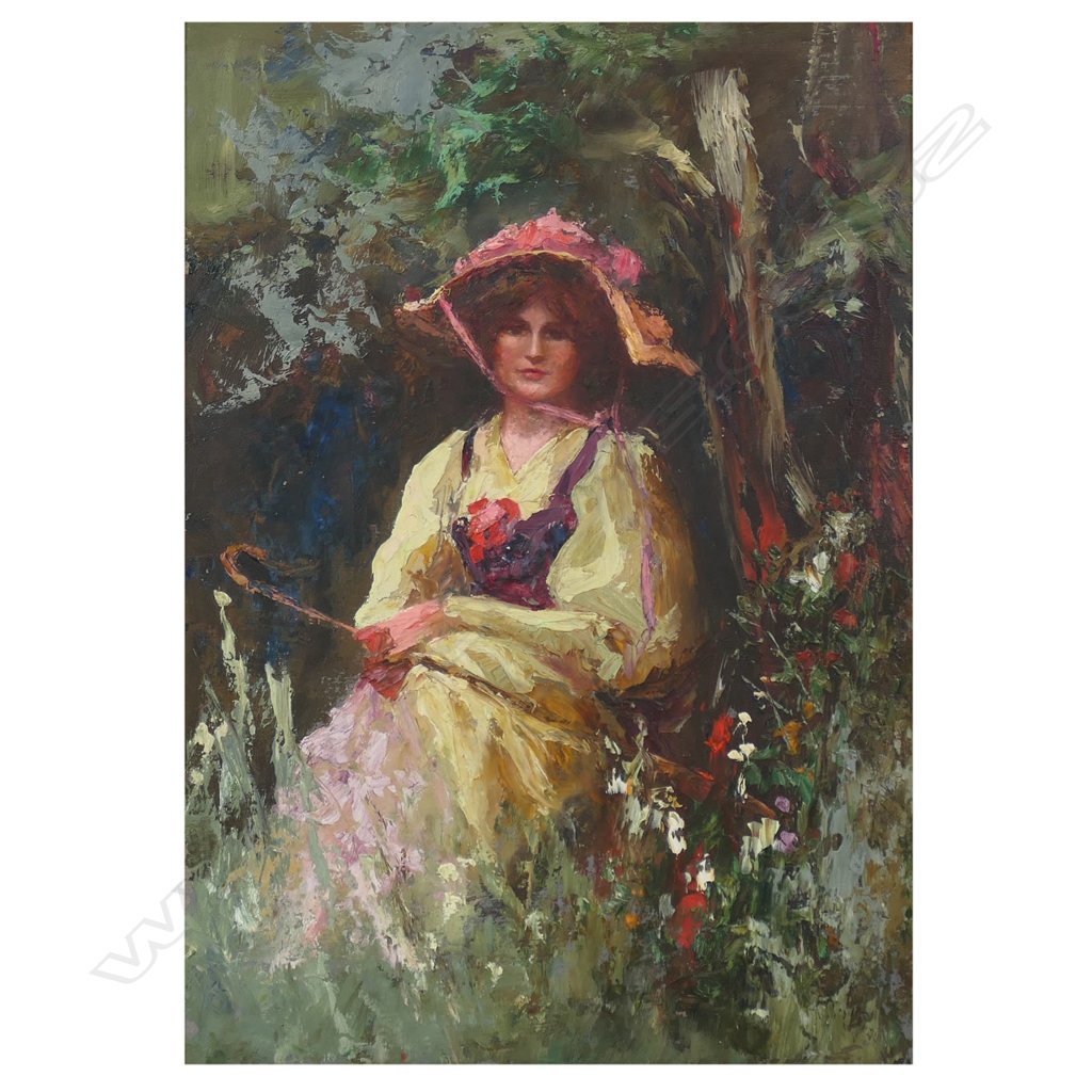 Artwork by Robert H.hawcridge, Portrait of the Artist's Daughter in a Dunedin Garden, Made of oil on board