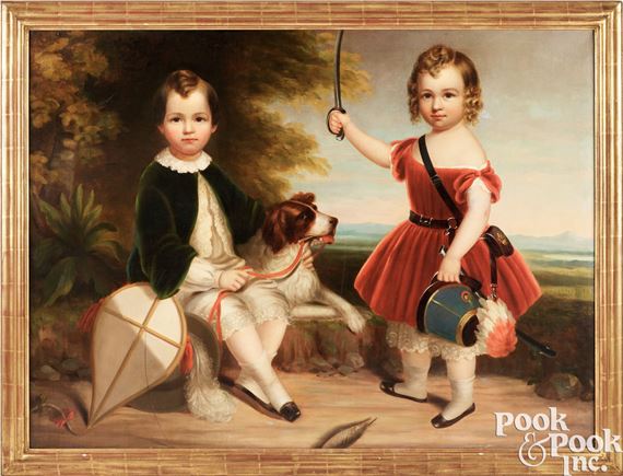 American oil on canvas portrait of two children by American School, 18th Century, circa 1840
