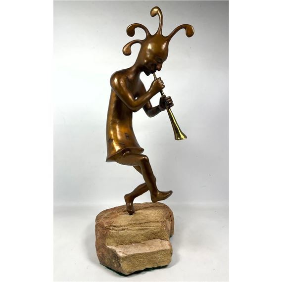Marco Oviedo 7/75 Bronze Kokopelli sculpture on Stone Base - Marco A. Oviedo