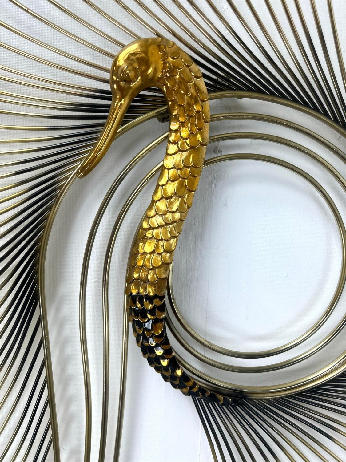 Curtis Jeré | Signed C Jere 1981 peacock wall sculpture. Brass ...