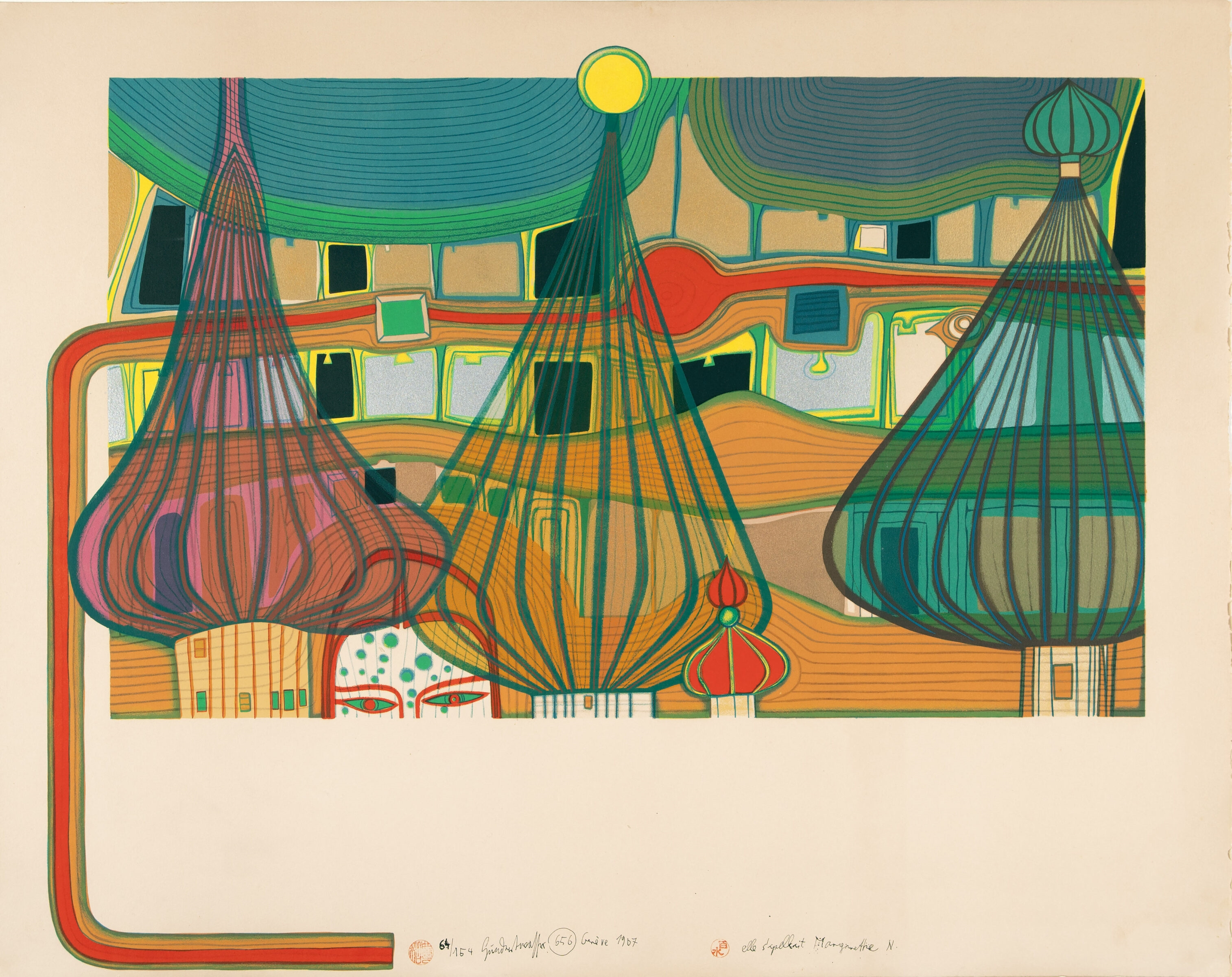 L'expulsion. Farblithographie auf chamoisfarbenem Arches Büttenkarton. 1967. 67,3 x 80 (71 x 90) cm - Friedensreich Hundertwasser