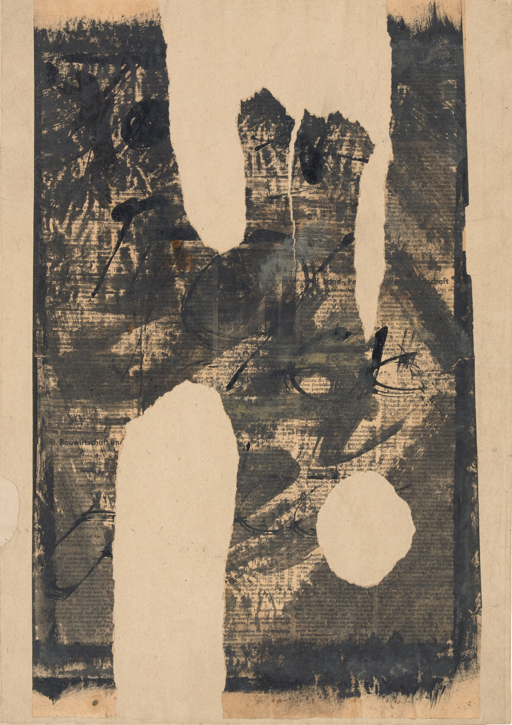 Artwork by Hermann Glöckner, o.T. Pinsel in Tusche über gestalteter Zeitungsseite, collagiert. 1971. 68 x 50 cm, unter Passepartout. Unter Glas gerahmt, Made of ink