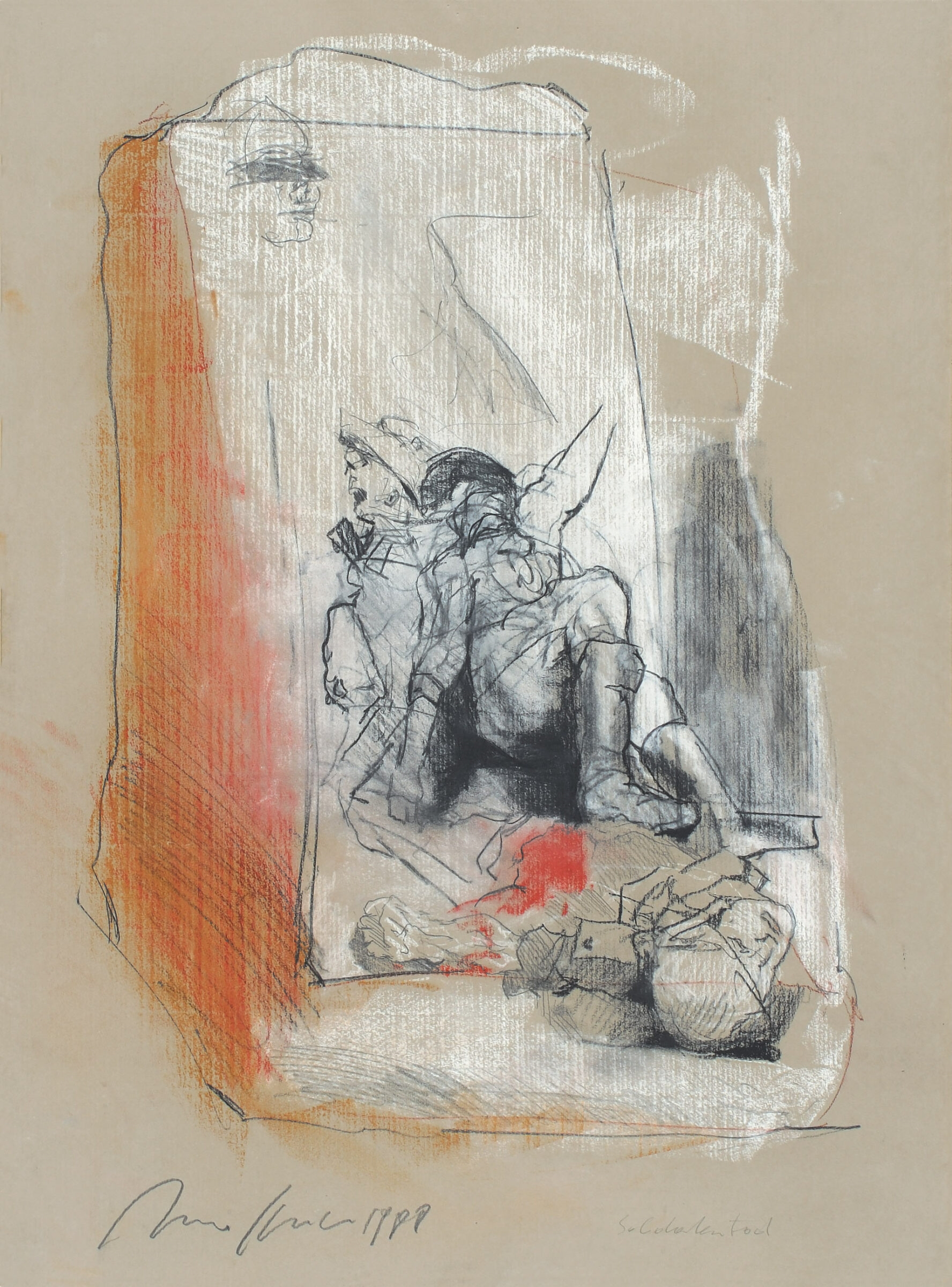 Soldatentod. Pastell, Kohle u. Bleistift auf grauem Bütten. 1988. 67,2 x 49 cm, unter Passepartout. Unter Glas gerahmt - Alfred Hrdlicka