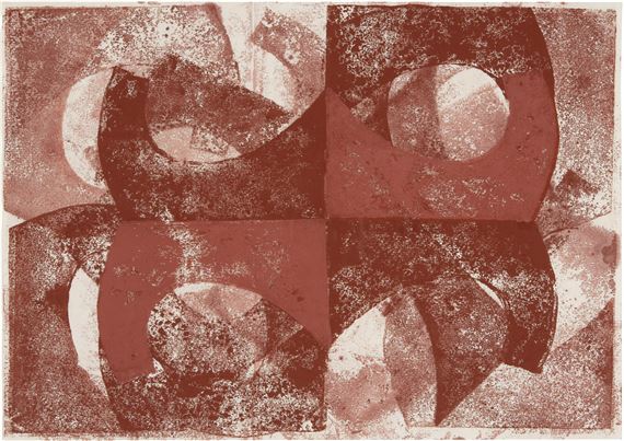 o.T. (Variante zu Blatt 10 der Folge "10 Handdrucke"). Kasein-Tempera in Rotbraun (Abdruck durch Abreibung) auf feinem Papier. 1976. 35,6 x 50,3 cm, im Passepartout freigestellt. Unter Glas gerahmt