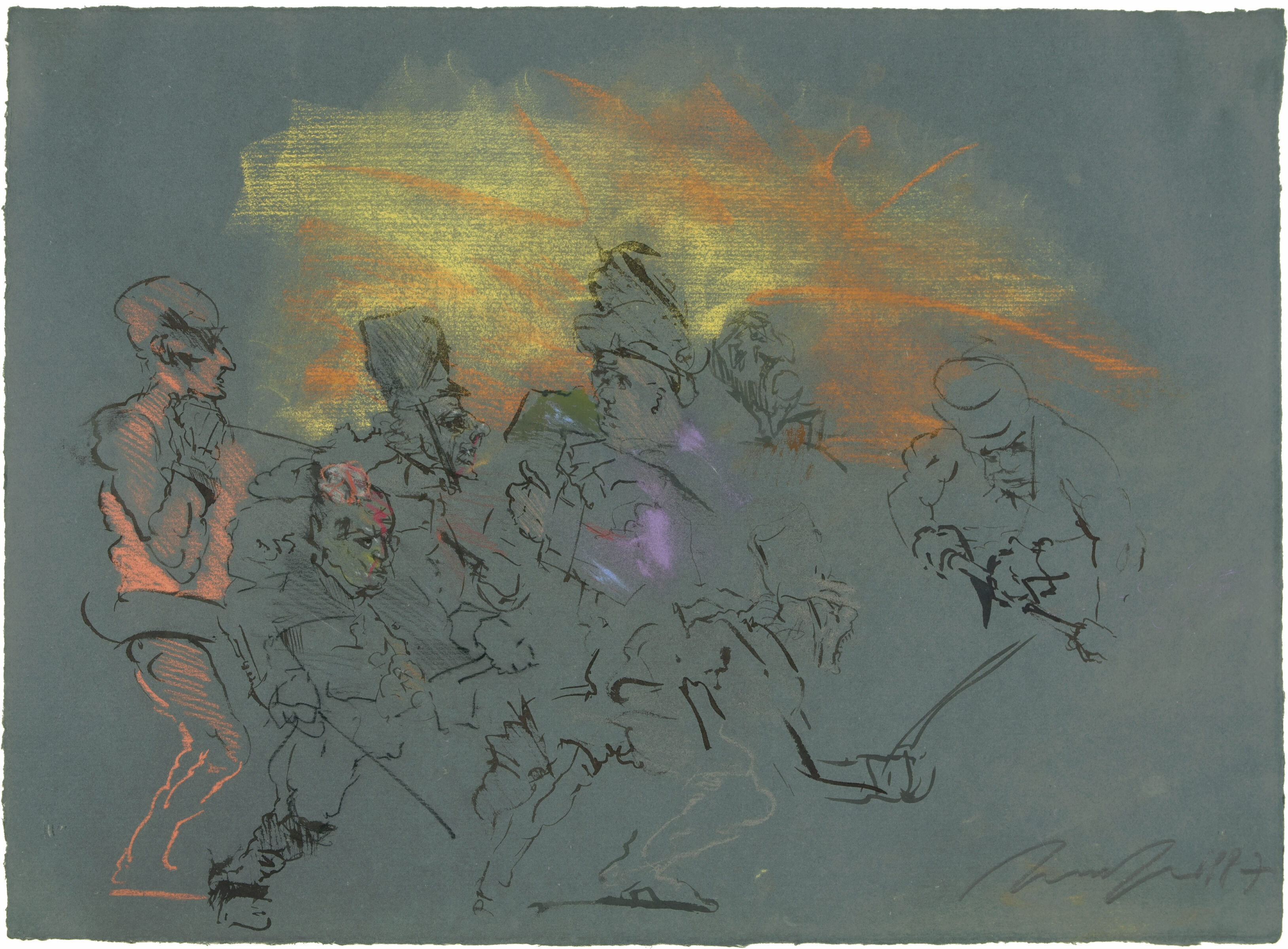 Das Glück wendet sich. Pastell, Pinsel in Tusche u. Bleistift auf dunkelgrünem Bütten. 1987. 49 x 67,2 cm, im Passepartout freigestellt. Unter Glas gerahmt - Alfred Hrdlicka