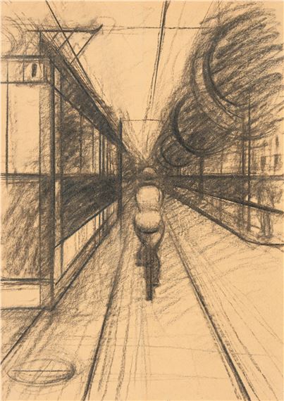 Straßenbahn und Radfahrerin. Kohle über Faltung auf braunem Presto Abzugpapier. 1931. 29,5 x 20,9 cm, im Passepartout freigestellt