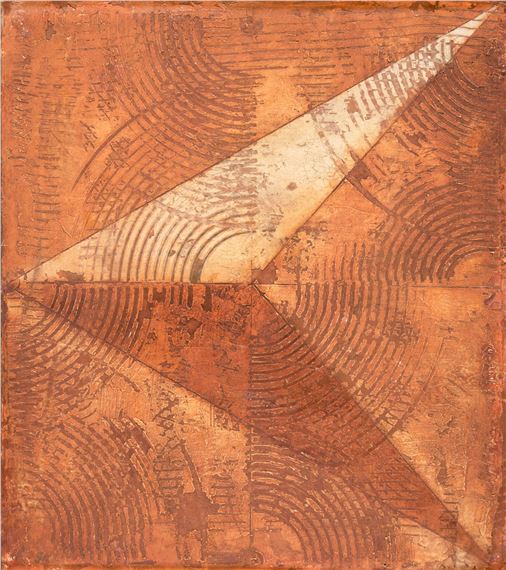 Symmetrische Projektion eines Keils mit Kammzügen. Tafel. Gebranntes Sienna, Kreidegrund u. Ritzungen auf leichtem Karton auf Pappe. Um 1933-35. 27,3 x 24 x 0,2 cm. Gerahmt by Hermann Glöckner, circa 1930