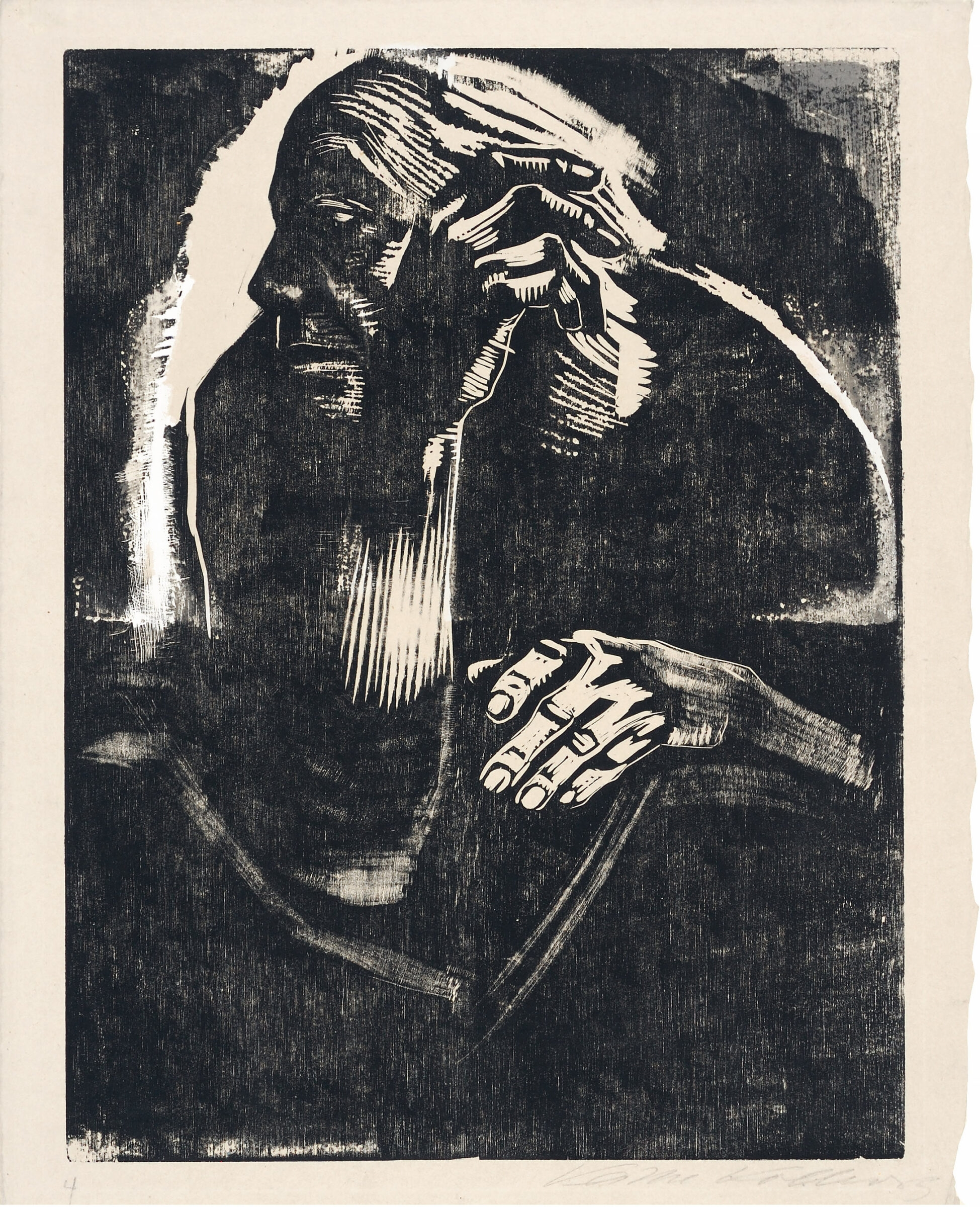 Selbstbildnis. Mit Deckweiß überarbeiteter Holzschnitt auf festem, weichen Japan. 1924. 40,2 x 30,3 (43,8 x 35,3) cm, unter Passepartout - Käthe Kollwitz