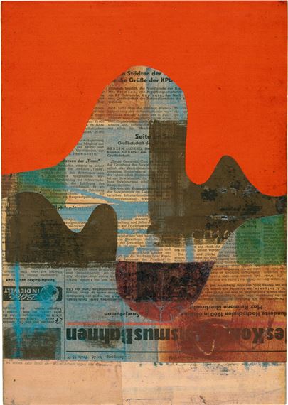 Wellen vor rotem Grund. Tafel. Lack über Tempera u. Papiercollage auf Pappe. 1956. 35,2 x 24,7 x 0,4 cm by Hermann Glöckner, 1956