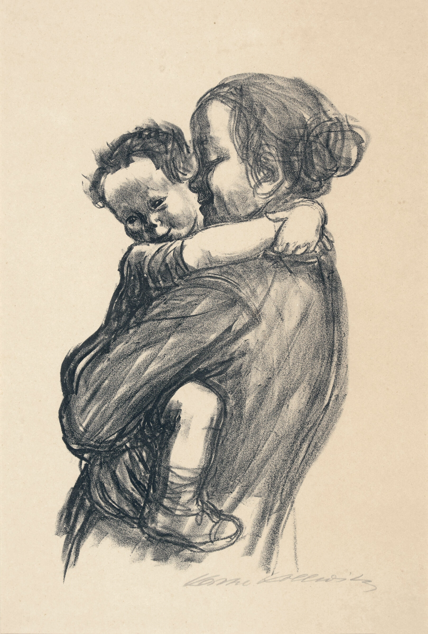 Mutter mit Jungen. Lithographie auf leichtem gelblichen Karton. 1933. 37 x 21,5 (48,5 x 38) cm, unter Passepartout. Unter Glas gerahmt - Käthe Kollwitz
