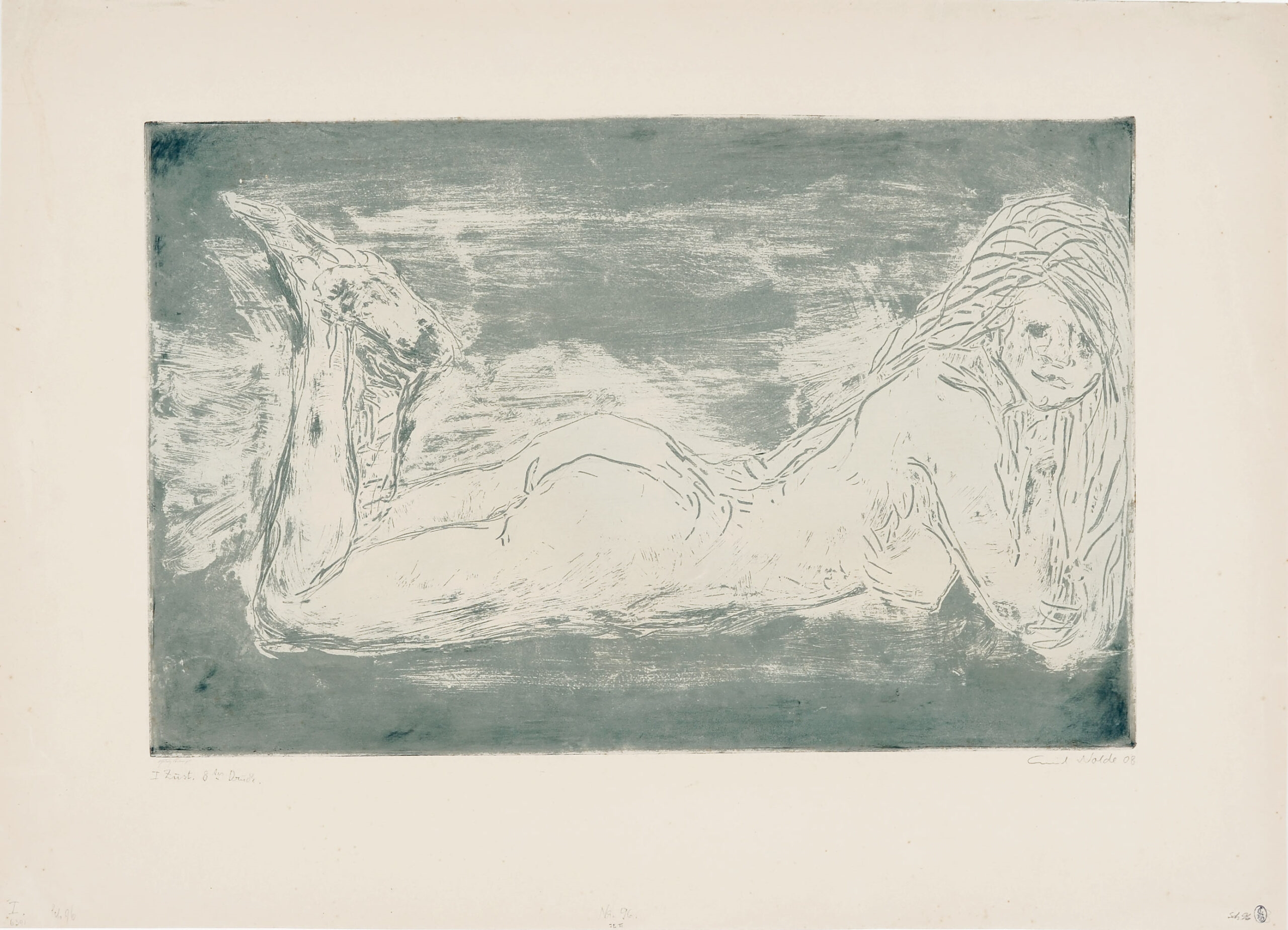 Akt mit wippenden Beinen. Radierung in Blaugrün auf chamoisfarbenem Karton. 1908. 31 x 47,6 (45 x 62,3) cm, unter Passepartout - Emil Nolde