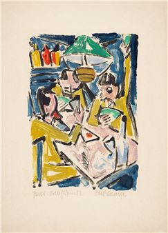 Spielende Hafffischer. Monotypie (Farblinolschnitt) auf festem Bütten. 1918. 43,8 x 30,8 (67,6 x 49,8) cm, unter Passepartout - Otto Lange