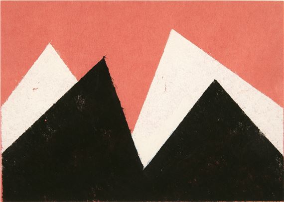 Schwarzweiße Aufgipfelung vor Rot. Monotypie in Tempera (Weiß u. Schwarz) auf gefaltetem roten Papier. 1970/71. 14,8 x 20,9 cm (aufgefaltet 29,5 x 20,9 cm