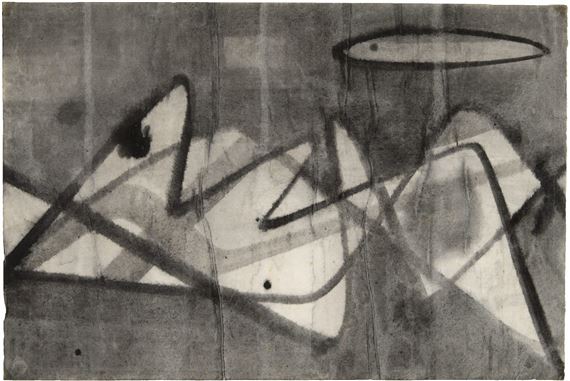o.T. (Kurven und Linien). Pinsel in Tusche, laviert, auf Papier. 1958. 30 x 44,8 cm, im Passepartout freigestellt. Unter Glas gerahmt