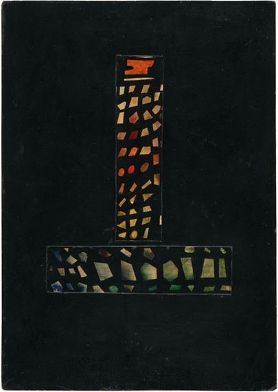 Turmartiges Mosaik in Schwarz. Tafel. Lack über Aquarell, Tempera u. Graphit auf Pappe. Um 1960. 41,5 x 29,4 x 0,1 cm, im Passepartout freigestellt. Unter Glas gerahmt