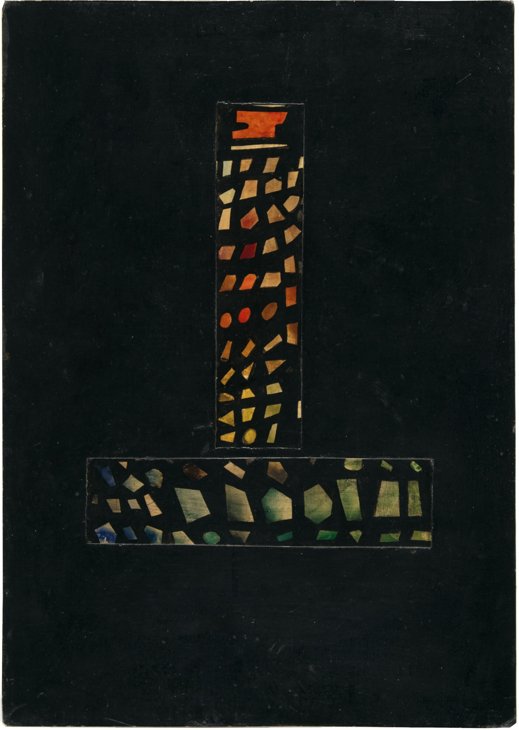 Artwork by Hermann Glöckner, Turmartiges Mosaik in Schwarz. Tafel. Lack über Aquarell, Tempera u. Graphit auf Pappe. Um 1960. 41,5 x 29,4 x 0,1 cm, im Passepartout freigestellt. Unter Glas gerahmt, Made of mosaic