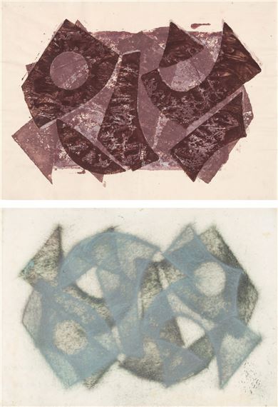o.T. (Varianten zur Folge "10 Handdrucke"). Zwei Blatt Monotypien auf Papier. 1963-71 bzw. 1974. 30 x 45 (36,5 x 50) u. 31 x 44 (36 x 50,4) cm