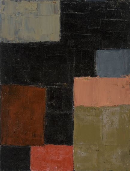 o.T. (Farbfelder vor Schwarz). Öl auf Hartfaser. 1958. 65 x 50 cm. Gerahmt by Heinrich Wildemann, 1958