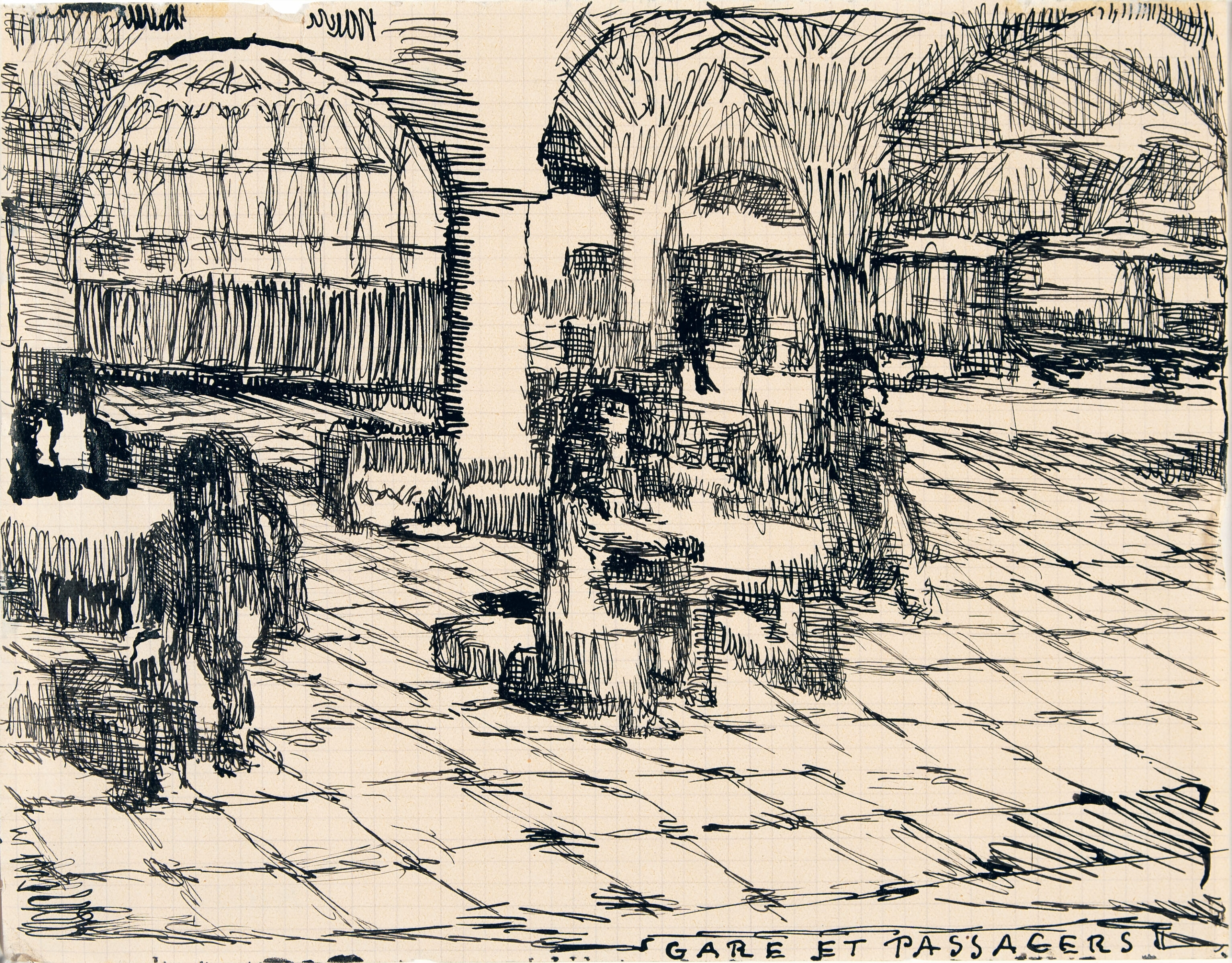 Gare et passagers. Feder in Tusche auf kariertem Papier. Um 1925. 17,3 x 22,1 cm, im Passepartout freigestellt - Louis Soutter