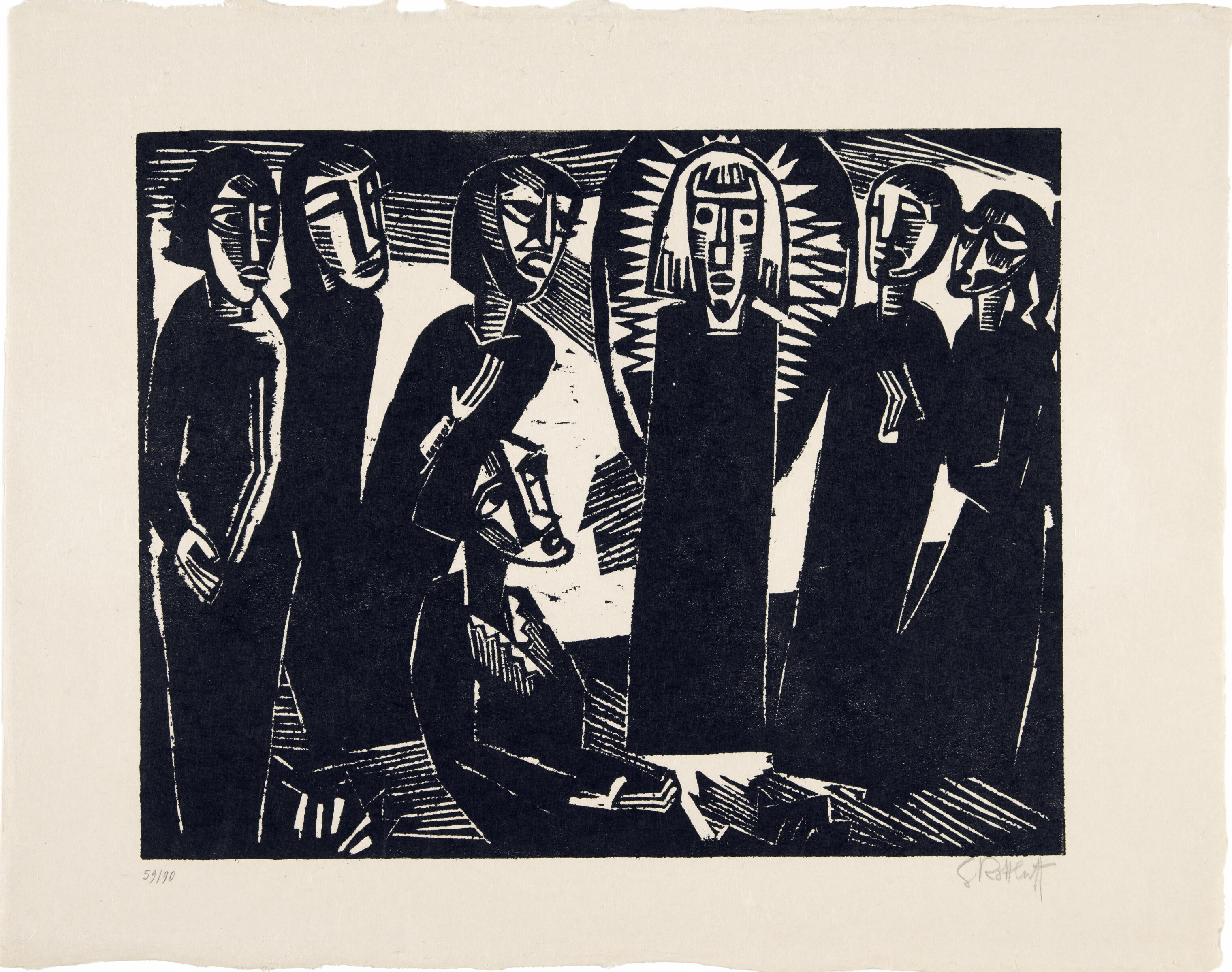 Christus unter Frauen. Holzschnitt auf festem Japan. 1919. 39,5 x 50,1 (52,7 x 66,5) cm - Karl Schmidt-Rottluff