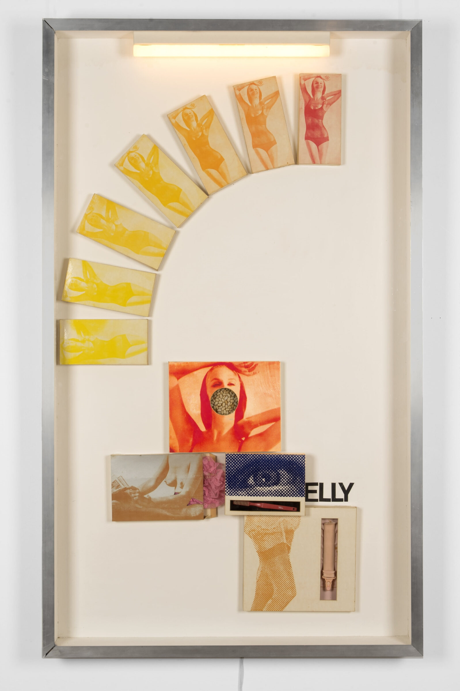 Artwork by Klaus Peter Brehmer, Portrait Elly. Objektkasten mit 11 teils ausgestanzten, mit Klischeedrucken collagierten Kartonschachteln, einer Zahnbürste, Dessous, Bohnen, Elektrokabel u. einer Neonröhre. 1965. 160,5 x 95,5 x 10 cm, Made of object box