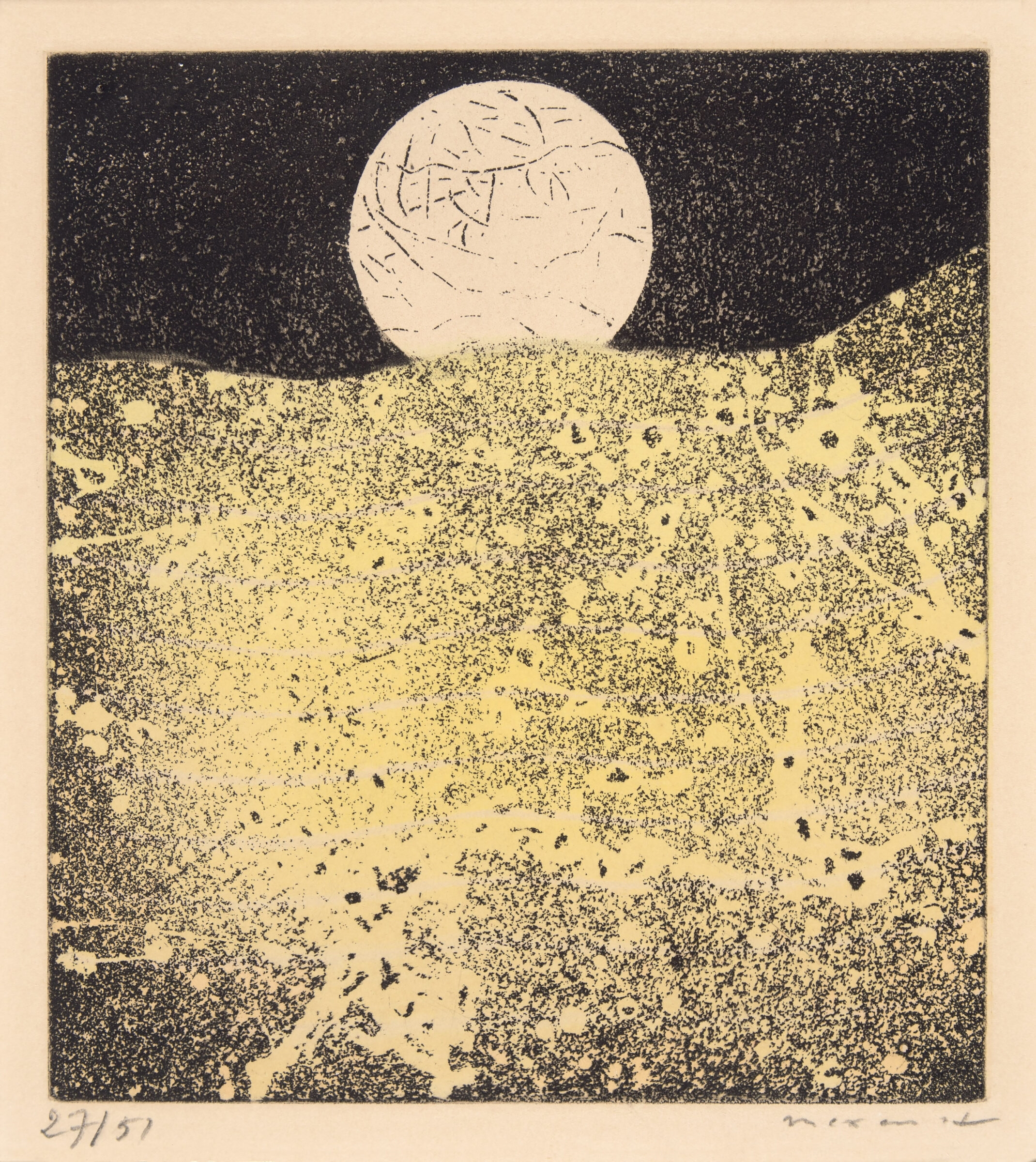 Montagne sacrée. Farbradierung auf Vélin. 1963. 14,9 x 13,2 (35,5 x 28,5) cm, unter Passepartout. Unter Glas gerahmt - Max Ernst