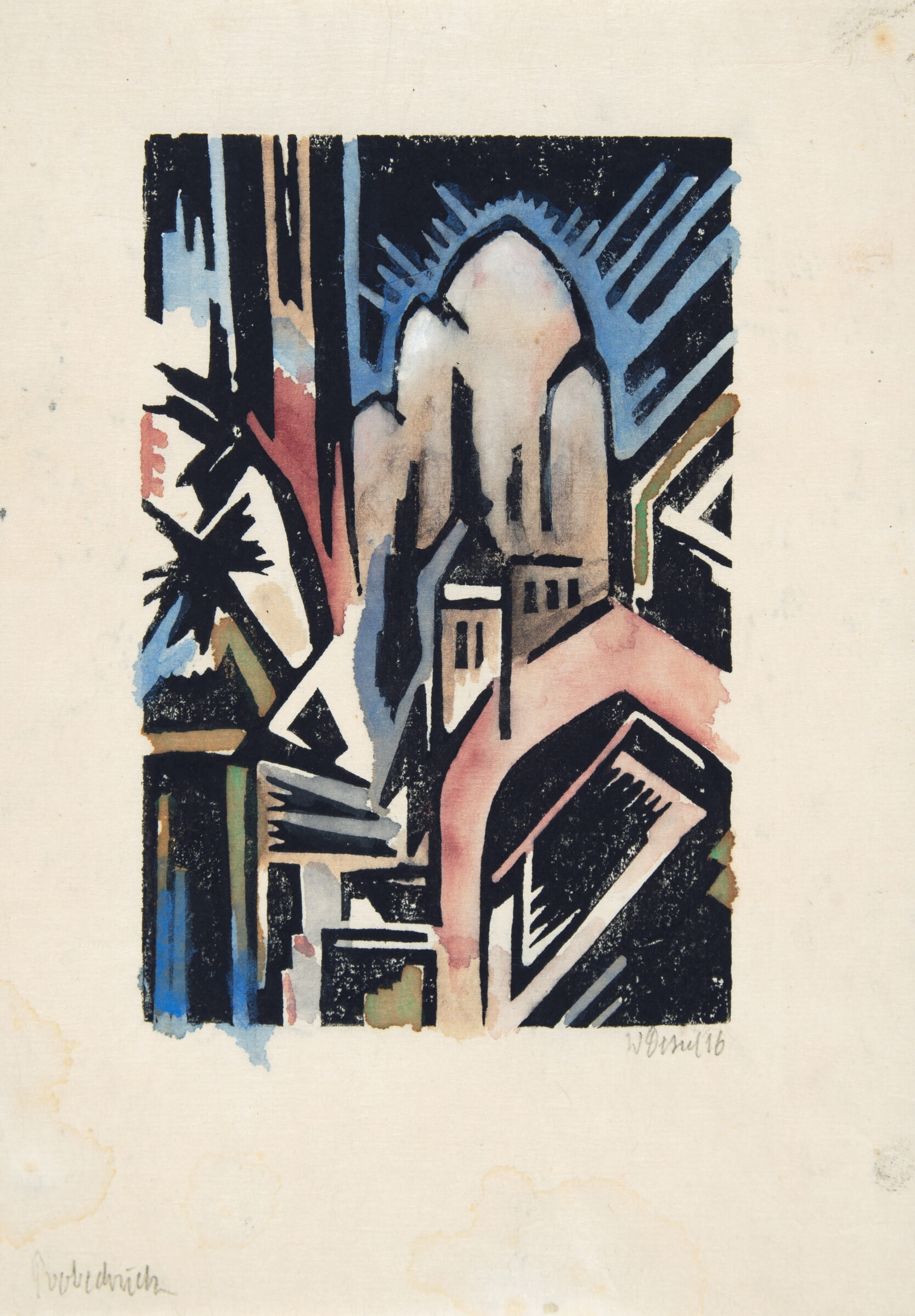 Moschee. Aquarell über Holzschnitt auf feinem Bütten. 1916. 15,2 x 10 (23 x 16,3) cm, unter Passepartout - Walter Dexel