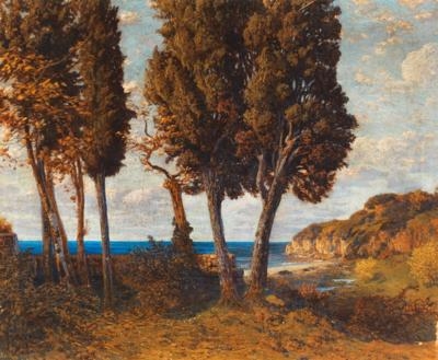 Artwork by Max Roeder, "Zypressen am Meer, Made of oil on canvas