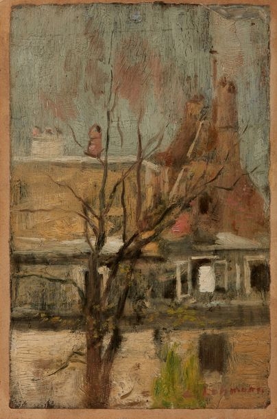 Artwork by Léon Lehmann, Tree in front of the house, Made of Oil on heavy paper pasted on cardboard