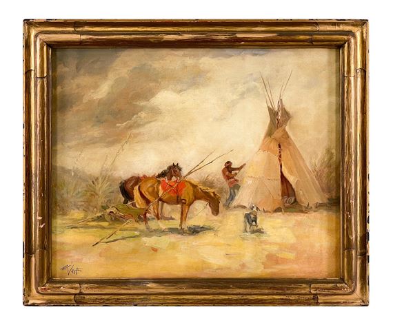 Raphael Lillywhite (1891 - 1958) Untitled (Setting Up Camp) Oil on Canvas by Raphael Lillywhite