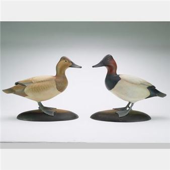Pair of full body, standing full size hollow canvasbacks - George Strunk