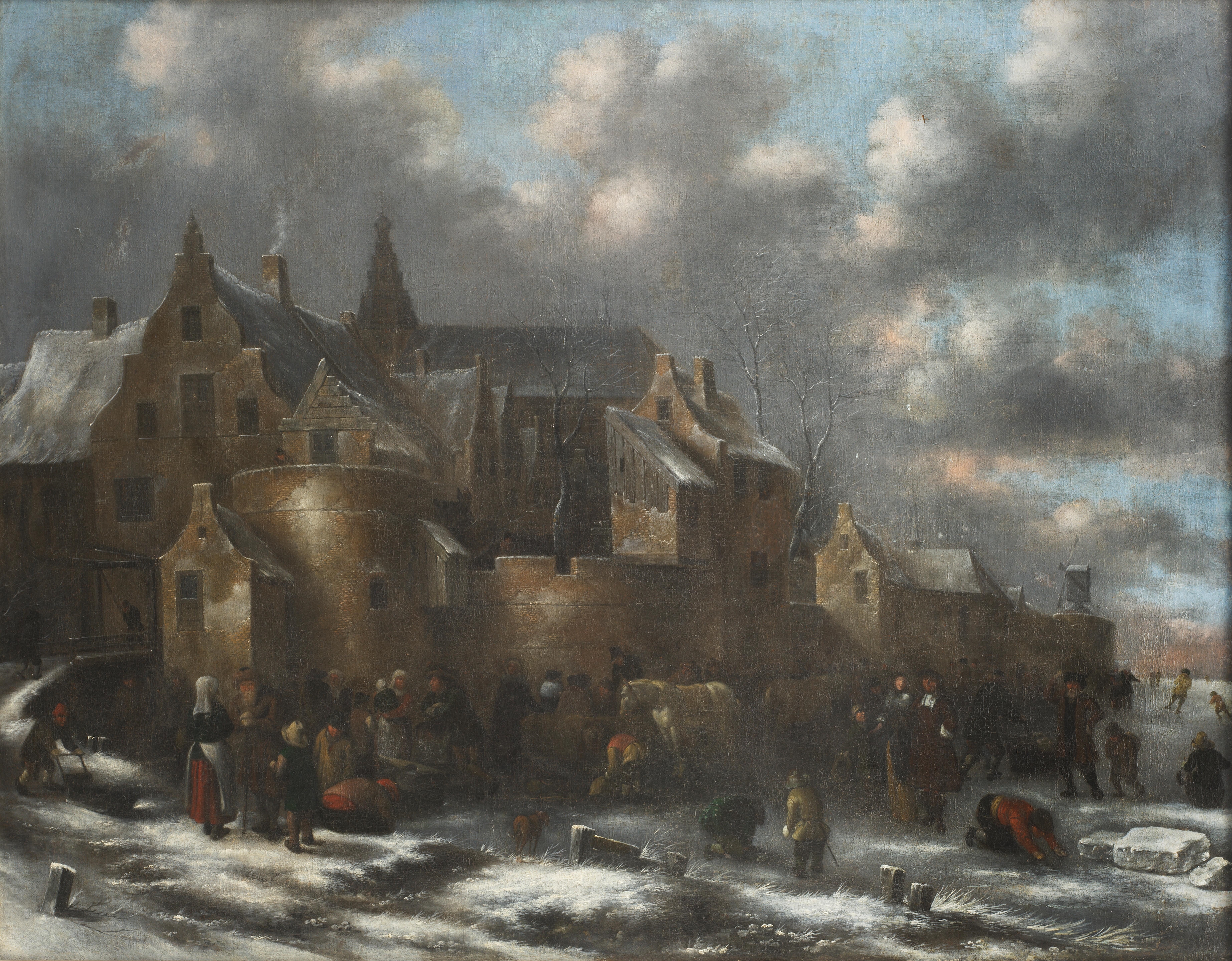 A winter scene with figures and horses outside a town - Klaes Molenaer