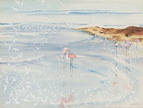 Artwork by Richard Cheales, Flamingos, Made of watercolour on paper