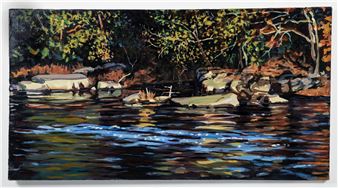 Bud Gibbons oil painting Lake Landscape with Deer - Bud Gibbons