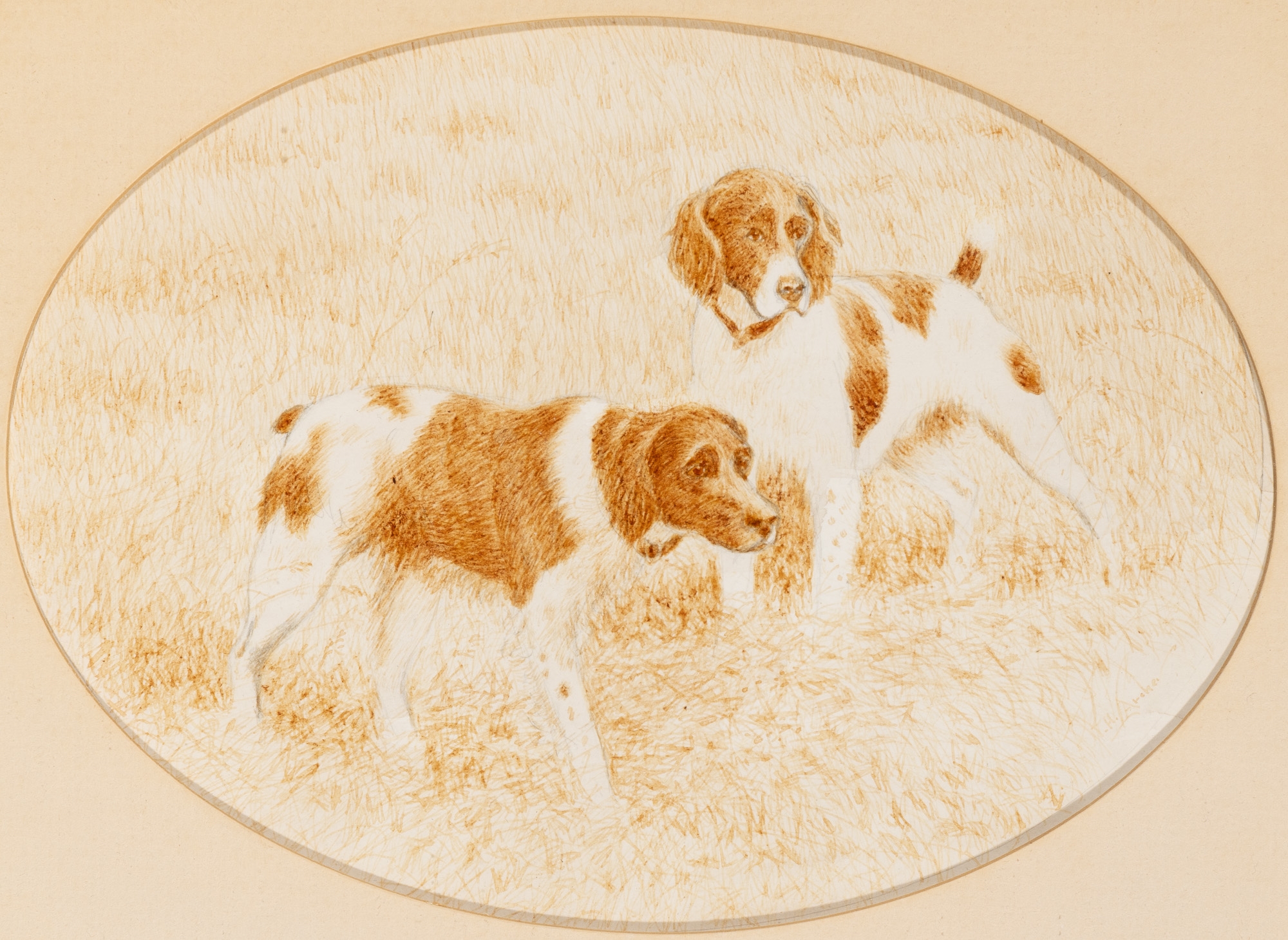 Artwork by Thomas H. Archer, Pointer on Point (ii) Brittany Spaniels in the Field, Made of Watercolor & pencil on paper on board