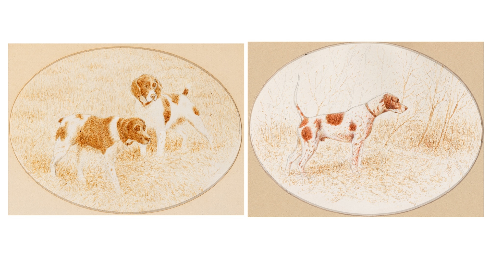 Artwork by Thomas H. Archer, Pointer on Point (ii) Brittany Spaniels in the Field, Made of Watercolor & pencil on paper on board