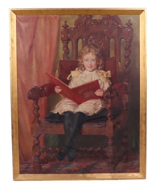A Young Victorian Girl Reading a Book Seated on a 17th Century Open Armchair by Edmund Wyly Grier, 1887