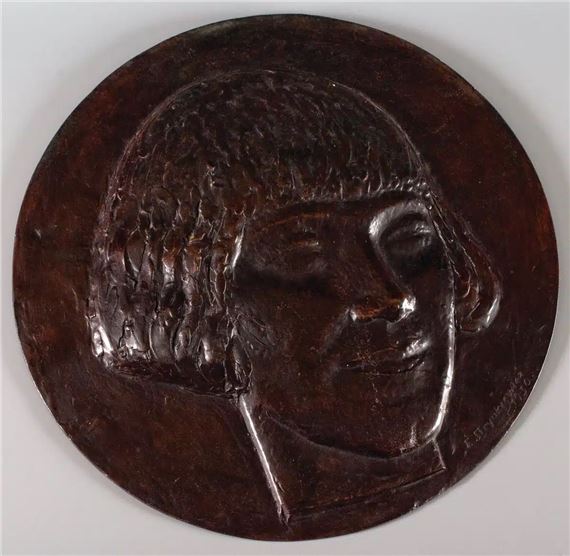 MEDALION W STYLU ART DECO Z GŁOWĄ DZIEWCZYNY - Franciszek Strynkiewicz