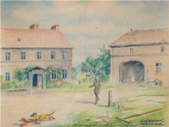 PODPUŁKOWNIK JÓZEF LASOŃ PRZED DOMEM W DOLNYCH LIPACH - Władysław Pyżykowski