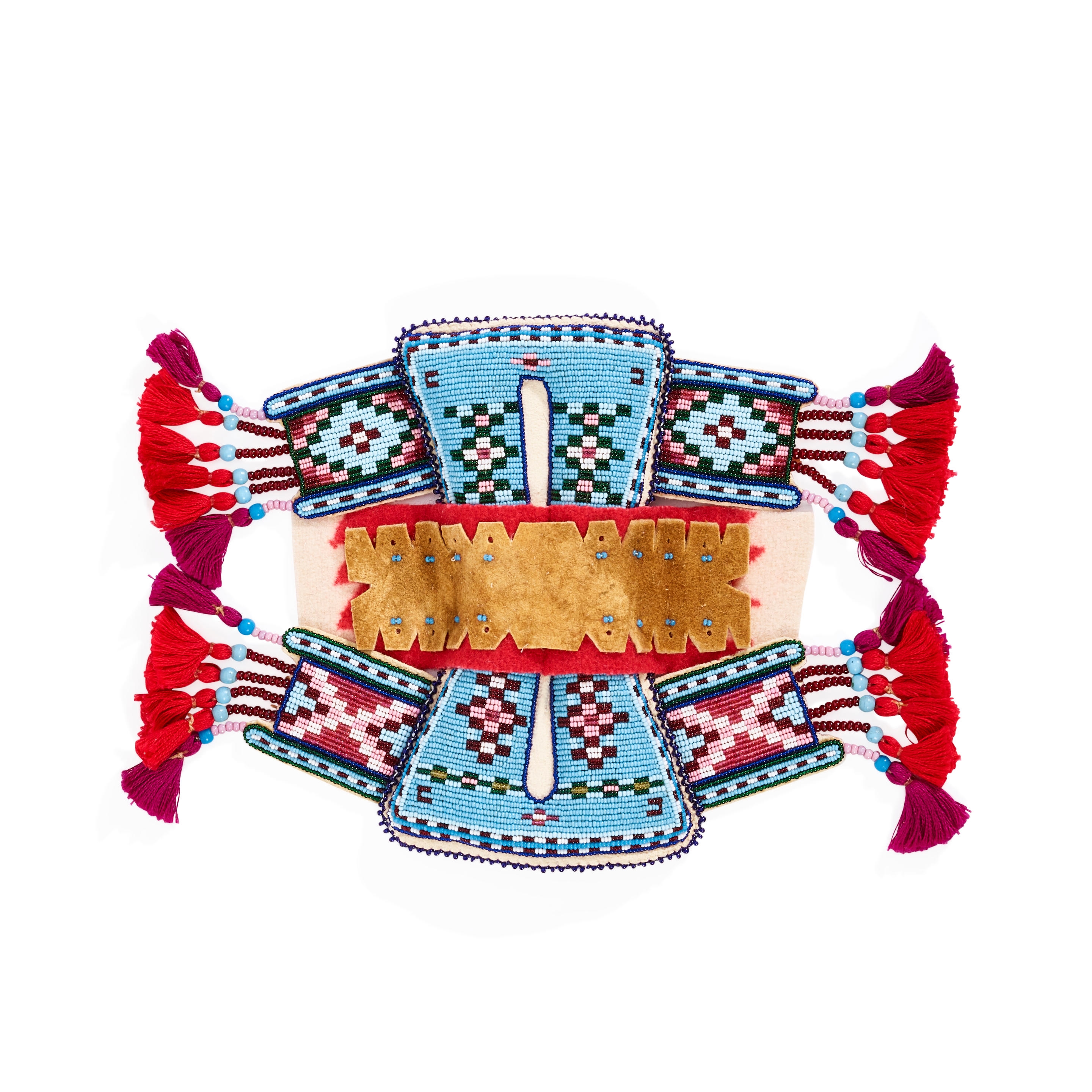 Artwork by Juanita Growing Thunder Fogerty, Miniature interpretation of a Nêhiyawak (Plains Cree) pad saddle, Made of panels at each corner adorned with bead and yarn suspensions