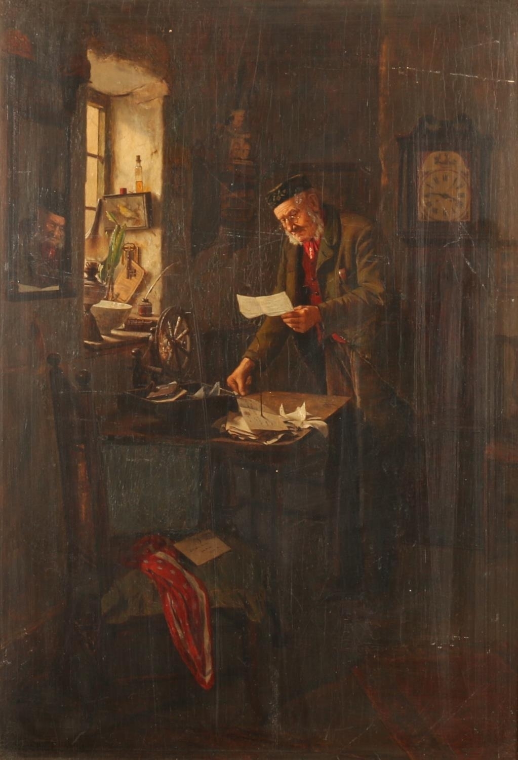 Interior scene with elderly gentleman wearing hat looking at receipts - Charles Spencelayh