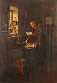 Interior scene with elderly gentleman wearing hat looking at receipts - Charles Spencelayh