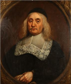 Half length portrait of a gentleman in black costume with white lace collar - Pieter Borselaer