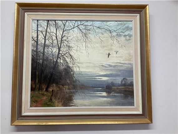 landscape with geese flying over a river by Walter Robin Jennings, 1974