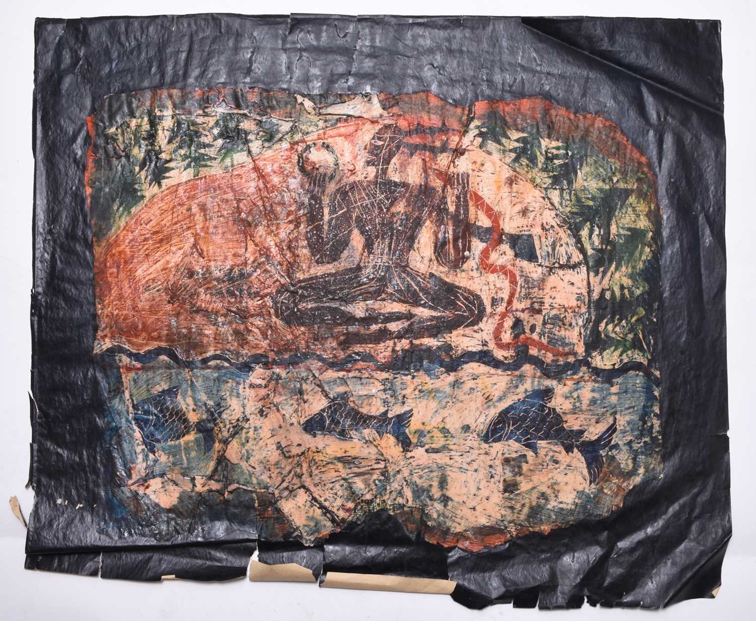 Artwork by Lynn Dennison, The Immortal Man and three watercolour landscapes, Made of mixed media on paper, oil and wax