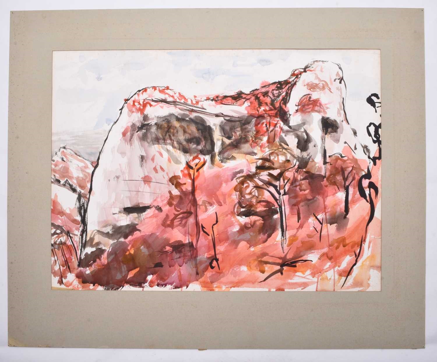 Artwork by Lynn Dennison, The Immortal Man and three watercolour landscapes, Made of mixed media on paper, oil and wax