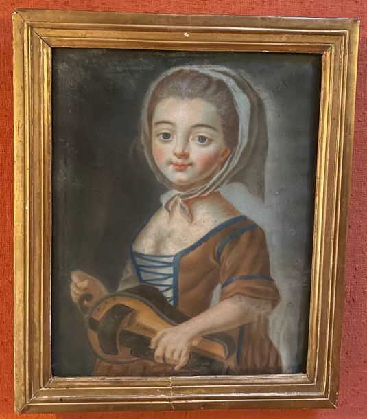 follower of François Hubert DROUAIS Young girl with hurdy-gurdy Pastel 40 x 32.5 cm - French School, 19th Century