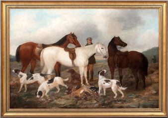 A pastoral painting featuring a hunter with three horses and several dogs in a rugged landscape.